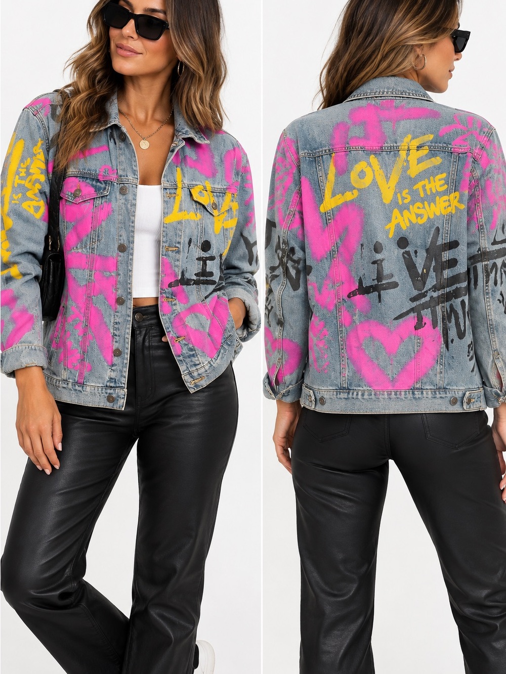 Chemistry Light-Wash Denim Jacket with Pink & Yellow Graffiti